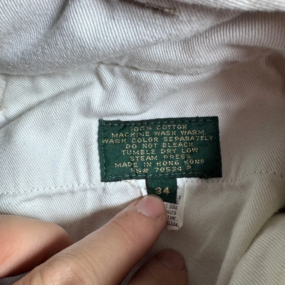 Orvis Trousers Mens 34 Khaki Tan Solid Leather Trim Cotton‎ Twill Cuffed Vintage